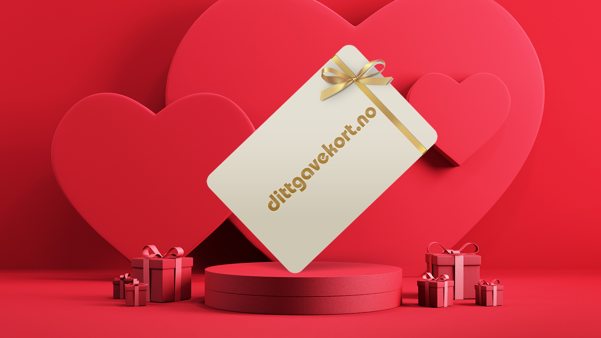 Rød store hjerter og gaevesker med dittgavekort stående på en podium
