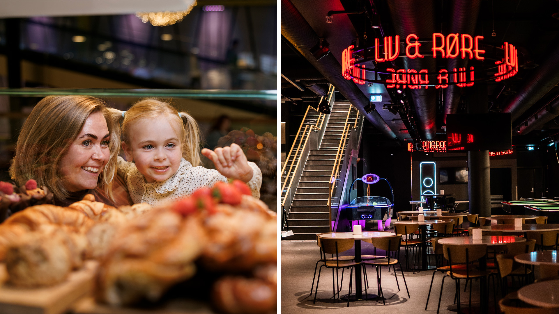 Bilde av folk som er på kjøpesenter og en seng på et hotell.