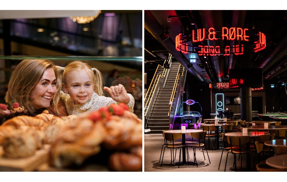 Bilde av folk som er på kjøpesenter og en seng på et hotell.