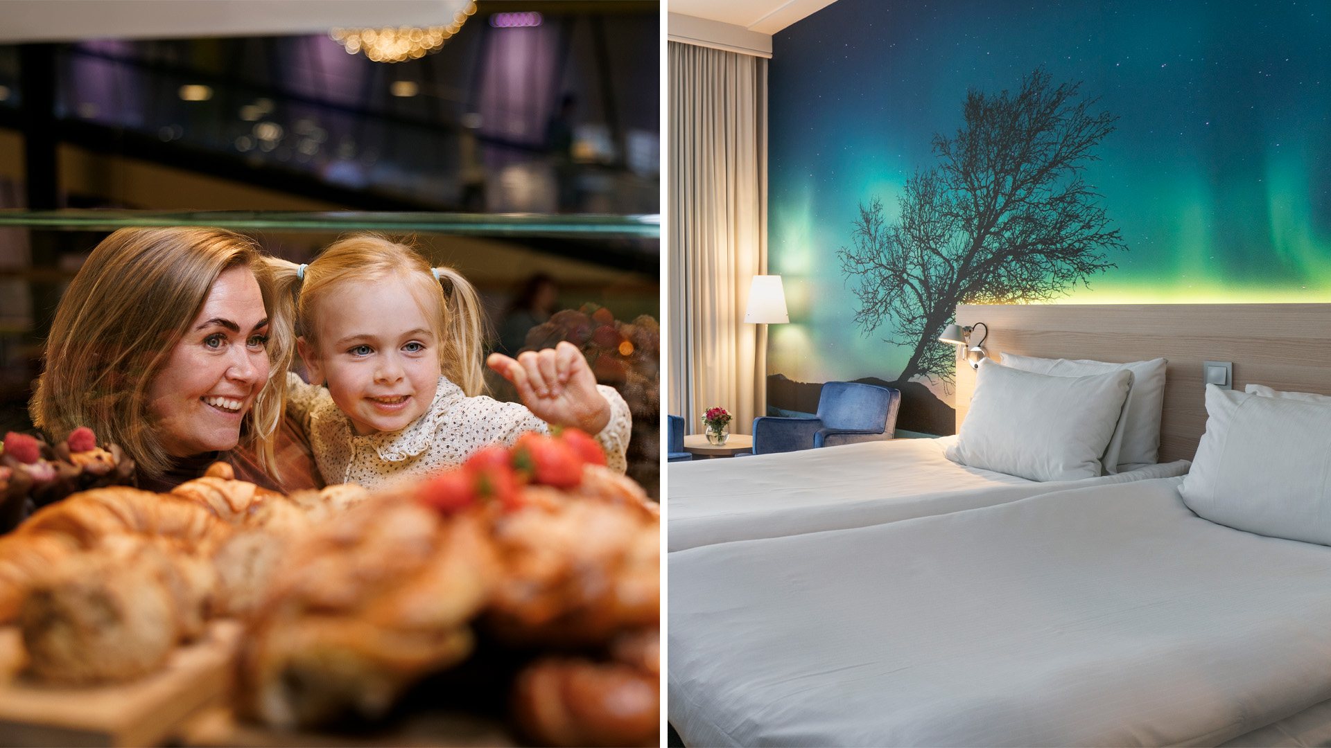 Bilde av folk som er på kjøpesenter og en seng på et hotell.