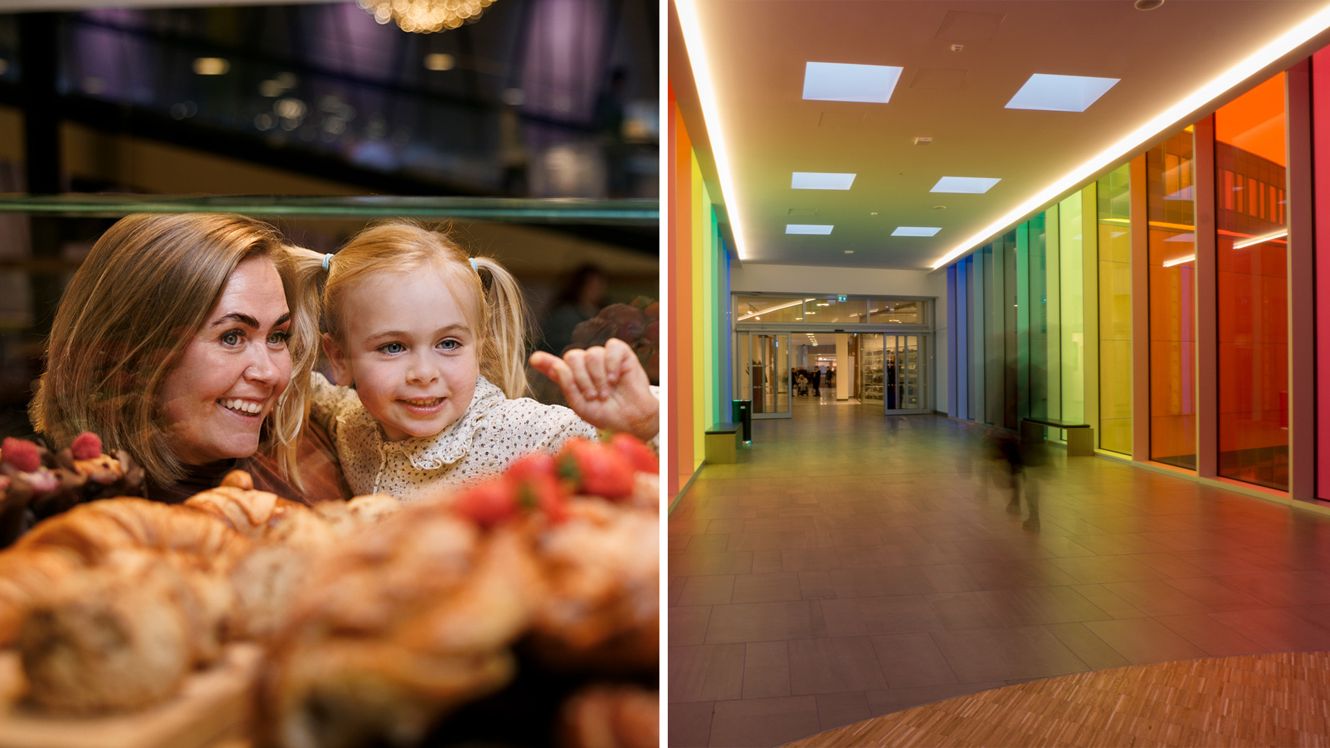 Bilde av folk som er på kjøpesenter og en seng på et hotell.