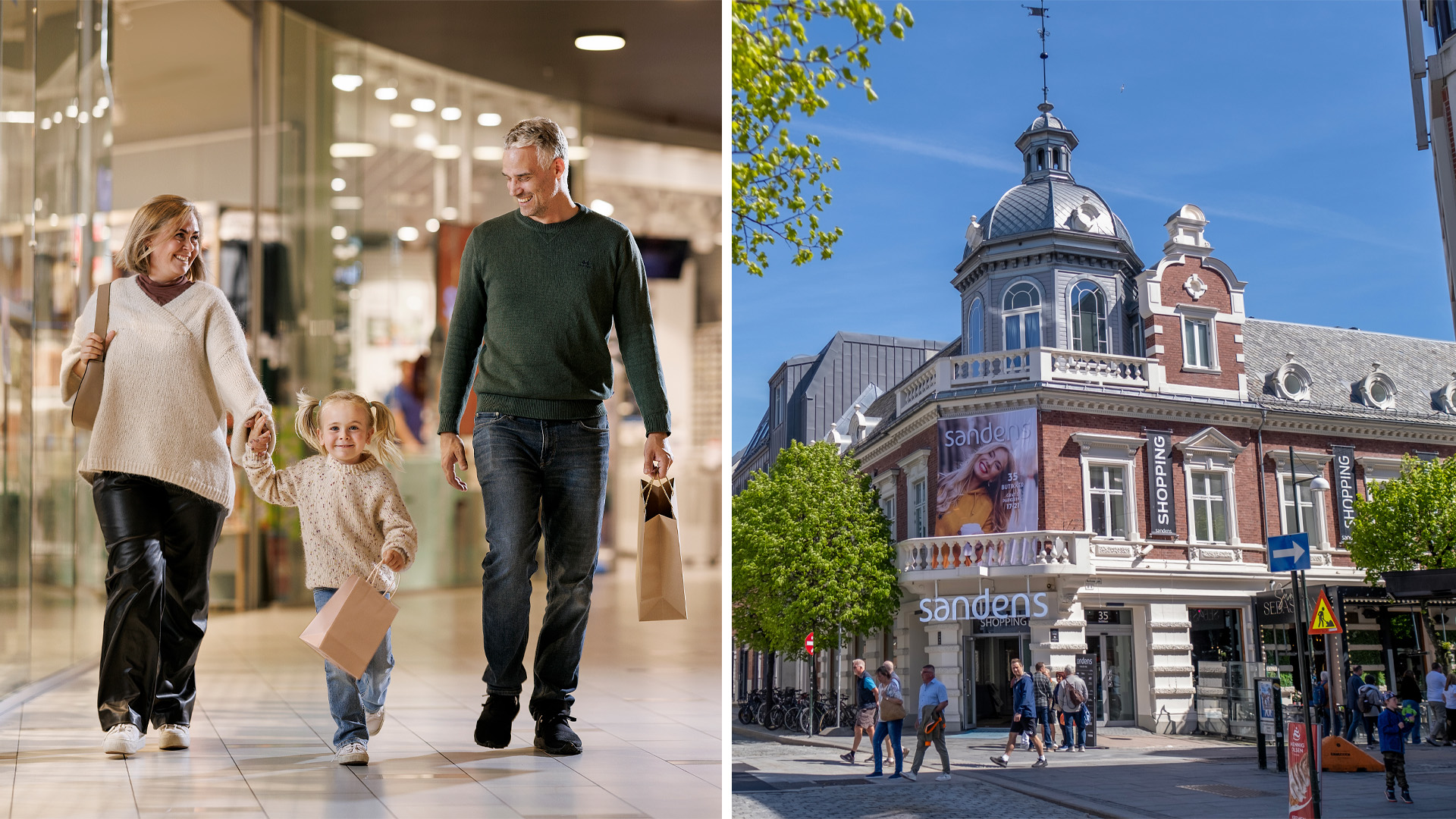 Bilde av folk som er på kjøpesenter og en seng på et hotell.