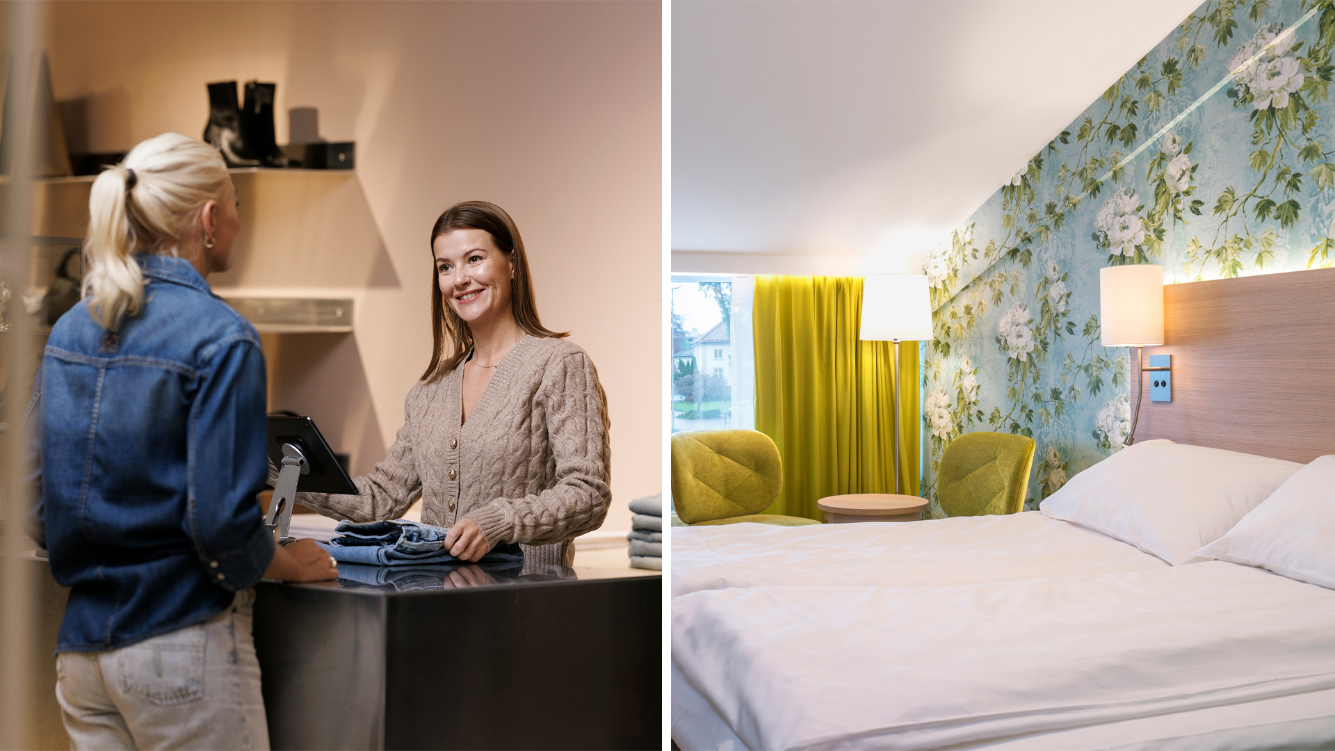 Bilde av folk som er på kjøpesenter og en seng på et hotell.