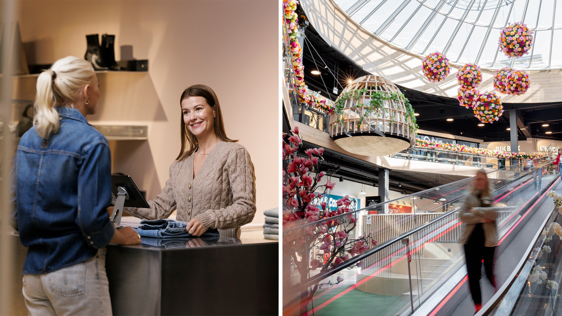 Bilde av folk som er på kjøpesenter og en seng på et hotell.